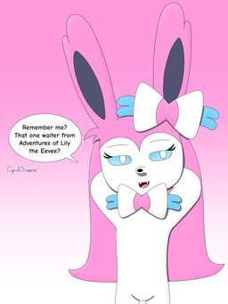 anthro asking_viewer blue_sclera bow_(anatomy) featureless_crotch female fur gradient_background hair hands_behind_head long_ears long_hair looking_at_viewer multicolored_body multicolored_fur narrowed_eyes open_mouth open_smile pink_background pink_body pink_fur pokemorph pose ribbons_(anatomy) simple_background smile solo speech_bubble standing suggestive talking_to_viewer teeth text white_background white_body white_eyes white_fur cyrildraws nintendo pokemon yue_the_sylveon_(cyrildraws) eeveelution generation_6_pokemon pokemon_(species) sylveon 2026 3:4 artist_name digital_media_(artwork) english_text hi_res shaded signature