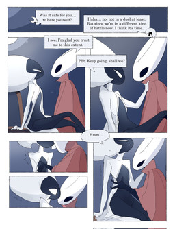 anthro bedroom biped black_body black_eyes blush blush_lines bodily_fluids border bottomless bottomless_female bottomless_humanoid chest_grab cloak clothed clothing detailed_background dialogue duo empty_eyes eye_contact featureless_crotch female female/female female_anthro female_humanoid humanoid_on_anthro inside looking_at_another looking_at_partner mouthless red_cloak red_clothing sitting speech_bubble sweat sweatdrop talking_to_another talking_to_partner text white_body white_border white_eyes justdog hollow_knight:_silksong hollow_knight_(franchise) team_cherry hornet_(hollow_knight) lace_(hollow_knight:_silksong) arthropod humanoid 2025 comic digital_drawing_(artwork) digital_media_(artwork) english_text hi_res