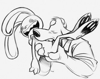 anthro bite biting_another biting_body biting_partner blush blush_lines bodily_fluids claws clothing collared_shirt dress_shirt drooling duo eyes_closed hand_on_back hand_on_butt hand_on_head holding_partner long_ears male male/male nude open_mouth pawpads saliva sharp_teeth shirt spiral spiral_eyes teeth tongue topwear bunnybuttz sam_and_max max_(sam_and_max) samuel_dog canid canine canis domestic_dog lagomorph leporid mammal rabbit monochrome