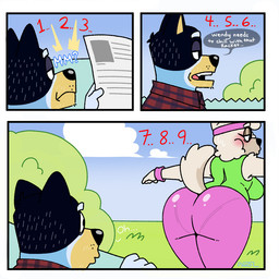 4_fingers accessory anthro arm_tuft big_butt big_eyes biped black_body black_ears black_eyes black_fur black_nose black_speech_bubble blue_body blue_eyebrows blue_fur blue_sky blush blushing_profusely bodily_fluids butt chin_tuft clothed clothed_anthro clothed_female clothed_male clothing cloud collared_shirt dark_body dark_fur day dialogue duo ellipsis emanata exercise extended_arm eyebrows eyelashes facial_tuft fangs female fence fingers flash_emanata fully_clothed fully_clothed_anthro fully_clothed_female fur fur_tuft glistening glistening_butt glistening_clothing glistening_leggings glistening_legwear glistening_nose grass green_clothing green_shirt green_topwear half-closed_eyes head_tuft headband holding_newspaper holding_object humanoid_hands iris leaning leaning_forward leggings legs_together legwear light_body light_fur long_eyelashes looking_at_another looking_at_another's_butt looking_at_butt looking_forward male male/female mature_anthro mature_female mature_male mouth_closed multicolored_body multicolored_clothing multicolored_fur multicolored_shirt multicolored_topwear name_drop name_in_dialogue narrowed_eyes newspaper no_pupils number open_mouth outside pattern_clothing pattern_shirt pattern_topwear pink_blush pink_clothing pink_headband pink_leggings pink_legwear pink_tongue pink_wrist_warmers plaid plaid_clothing plaid_shirt plaid_topwear plant pointy_ears prick_ears shirt shrub side_view sky sleeveless_clothing sleeveless_shirt sleeveless_topwear snout speech_bubble standing sweat sweatdrop tail talking_to_self teeth text thick_eyebrows thick_thighs three-quarter_view tongue topwear tuft two_tone_body two_tone_fur two_tone_tail whisker_spots white_body white_clouds white_eyebrows white_fur white_sclera white_text wide_eyed workout workout_clothing wrist_warmers yellow_body yellow_fur yellow_inner_ear pandzart bluey_(series) bandit_heeler wendy_(bluey) australian_cattle_dog canid canine canis cattledog chow_chow domestic_dog herding_dog mammal pastoral_dog spitz 1:1 2024 artist_name comic digital_drawing_(artwork) digital_media_(artwork) english_text