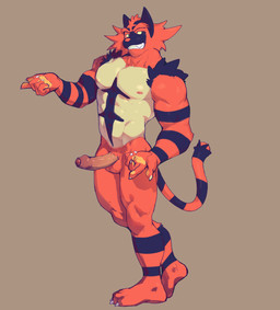 anthro balls erection foreskin genitals glans grey_background humanoid_genitalia humanoid_penis male multicolored_body muscular muscular_male nipples nude partially_retracted_foreskin pawpads penis red_body simple_background solo stripes tail toothy_grin yellow_sclera jrjresq nintendo pokemon generation_7_pokemon incineroar pokemon_(species) hi_res