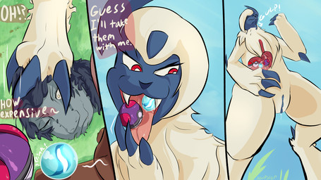 3_fingers 3_toes absolite anthro blue_body blue_fur bodily_fluids claws dialogue duo feet female fingers fur genitals internal macro male master_ball mega_stone object_in_mouth object_in_stomach object_vore open_mouth organs paws pokeball pokeball_in_stomach pokeball_vore red_eyes saliva size_difference standard_pokeball stomach teeth toes tongue vore vulva white_body white_fur yellow_eyes soupslop nintendo pokemon finch_(soupslop) absol generation_3_pokemon pokemon_(species) 16:9 hi_res widescreen