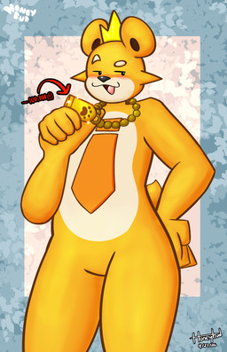 accessory anthro blush blush_lines chain crown crown_only featureless_crotch fur headgear headgear_only looking_at_viewer male mostly_nude necktie necktie_only orange_necktie solo yellow_body yellow_fur honeybud pixile_studios super_animal_royale fan_character twinkie_(honeybud) bear mammal super_bear_(sar) super_yellow_bear_(sar) absurd_res hi_res