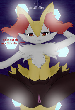 anthro black_body black_fur clitoris female fur genitals looking_at_viewer navel smile solo spread_legs spreading text vulva white_body white_fur yellow_body yellow_fur silavos nintendo pokemon braixen canid canine generation_6_pokemon mammal pokemon_(species) archived_source english_text hi_res watermark