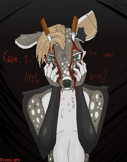 anthro belly bleak_ambiance blonde_eyebrows blonde_hair blood bloosy bodily_fluids brown_body brown_fur ear_piercing eyebrows fangs fur gore green_eyes grey_body grey_fur grey_nose hair knife male multicolored_body multicolored_fur piercing solo spots teeth white_belly white_body white_fur blooslight mammal moschid musk_deer