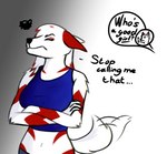 annoyed anthro big_breasts breasts clothing crop_top duo female fur good_girl hair long_hair male midriff red_body red_fur secretly_loves_it shirt tail tail_motion tailwag topwear track_pants white_body white_fur white_hair arkdoggo arianna_(arkdoggo) arkdoggo_(character) berger_blanc_suisse canid canine canis domestic_dog herding_dog mammal pastoral_dog