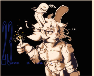 anthro belly black_background candle candlelight clothing ear_covers female light navel simple_background slightly_chubby solo text topwear vest rosiamn io_(rosiamn) lagomorph leporid mammal rabbit hi_res sketch