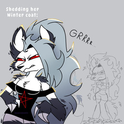 anthro breasts cleavage clothed clothing dress female fluffy grey_hair growling hair minidress off_shouler red_sclera shedding solo spookiedookiki hellaverse helluva_boss mythology loona_(helluva_boss) canid canid_demon canine demon hellhound mammal mythological_canine mythological_creature 1:1 hi_res
