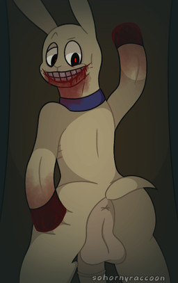 animal_genitalia animal_penis balls blood blood_on_face blood_on_hand bodily_fluids butt butt_focus collar creepy creepy_smile dark genitals gore hand_on_butt hand_on_own_butt looking_back male neckwear penis plant rear_view scary simple_background smile solo spread_butt spreading teeth tree sohornyraccoon hungry_lamu lamu camelid llama mammal watermark