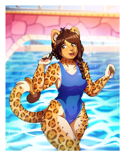 anthro blue_clothing blue_one-piece_swimsuit blue_swimwear border braided_hair breasts brown_eyes brown_hair clothed clothed_anthro clothed_female clothing detailed_background female female_anthro fur hair humanoid_face inner_ear_fluff markings one-piece_swimsuit open_mouth open_smile smile solo spots spotted_body spotted_fur swimming_pool swimwear tail tuft white_border year luxar92 kitzy_(luxar92) felid jaguar mammal pantherine 2020 digital_drawing_(artwork) digital_media_(artwork) hi_res signature