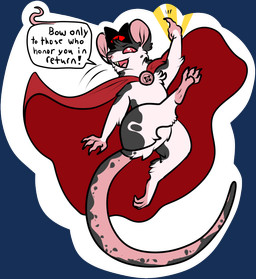ambiguous_gender anthro black_spots button_(fastener) cape clothing fur gesture hairless_tail hand_gesture jumping markings middle_finger mole_(marking) pink_paws pupils red_eyes red_pupils solo speech_bubble spots spotted_markings spotted_tail tail tail_markings text white_body white_fur welcometaco cult_of_the_lamb massive_monster_(studio) red_crown_(cult_of_the_lamb) mammal murid murine rat rodent alpha_channel english_text