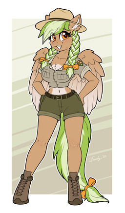 accessory anthro belt boots bottomwear bow_ribbon braided_hair braided_pigtails breasts chest_tuft cleavage clothed clothing collarbone eyebrow_through_hair eyebrows eyelashes feathered_wings feathers female footwear fur furgonomics green_hair hair hair_accessory hair_bow hair_ribbon hat headgear headwear hooves hotpants looking_at_viewer midriff multicolored_hair navel orange_bow orange_eyes ribbons shoes shorts smile solo standing tail tail_accessory tail_bow tail_ribbon tan_body tan_fur translucent translucent_hair tuft two_tone_hair two_tone_tail two_tone_wings unguligrade uniform wings dandy_(artist) hasbro my_little_pony mythology fan_character sylvia_evergreen equid equine mammal mythological_creature mythological_equine pegasus 2022 absurd_res hi_res