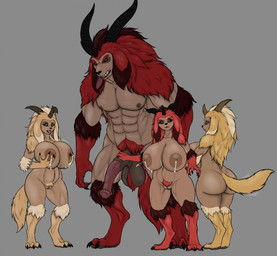 anthro balls big_balls big_breasts big_penis blonde_hair bodily_fluids breasts butt feet female fur genitals group hair hindpaw horn humanoid_hands lactating male milk muscular muscular_anthro muscular_male nipples nude nude_anthro nude_female nude_male paws penis pubes red_hair standing tail tan_body tan_fur vulva karnator bovid caprine capriogre chimera goat hybrid mammal hi_res brother_(lore) brother_and_sister_(lore) incest_(lore) sibling_(lore) sister_(lore) sisters_(lore)