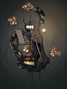4_arms 4_eyes 6_limbs ambiguous_gender antennae_(anatomy) anthro arthropod_abdomen biped elytron feral flying glowing glowing_eyes group insect_wings machine multi_arm multi_eye multi_limb quadruped scroll segmented_body wings eidel-elias-weise hollow_knight:_silksong hollow_knight_(franchise) team_cherry twelfth_architect arthropod beetle insect robot 2025 3:4 hi_res