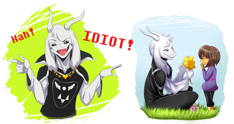 ambiguous_gender anthro clothing duo flower fur gesture grass hand_gesture jewelry male necklace plant pointing robe simple_background sitting smile solo_focus white_body white_fur kiuki-10 undertale undertale_(series) asriel_dreemurr_(god_form) frisk_(undertale) boss_monster_(undertale) bovid caprine human mammal 2016 hi_res