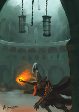 ambiguous_gender armor armwear cape clothing dungeon fantasy highlights_(coloring) looking_at_viewer ruins solo torch gaertan dungeons_and_dragons hasbro wizards_of_the_coast gulonine mammal marten mustelid musteline pine_marten colored digital_drawing_(artwork) digital_media_(artwork) digital_painting_(artwork) hi_res painting_(artwork) shaded