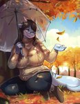 anthro autumn big_breasts big_tail biped breasts clothed clothing cloud curvy_figure eyewear falling_leaves female footwear fully_clothed glasses hair holding_object holding_umbrella horn huge_breasts long_hair mature_anthro mature_female orange_leaves park plant ribbed_clothing ribbed_sweater scenery shoes sitting sitting_on_grass sitting_on_ground sky slightly_chubby solo sweater tail topwear tree umbrella kecapasin mythology dragonmom_(rayka) dragon mythological_creature mythological_scalie scalie hi_res