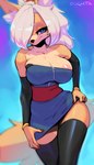 2023 anthro areola areola_slip artist_name big_breasts black_nose blue_eyes breasts canid canine cleavage clothed clothing colored_nails dress female fox fur hair hair_over_eye hi_res looking_at_viewer mammal marie_(oughta) nails one_eye_obstructed oughta red_nails smile solo tan_body tan_fur white_hair