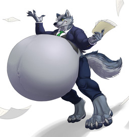 anthro belly belly_inflation big_belly bloated business_suit clothing fur grey_body grey_fur huge_belly inflation male navel sharp_teeth smile solo suit teeth yellow_sclera takesu canid canine canis mammal wolf 2020 hi_res