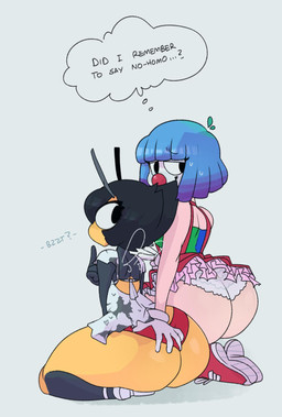 antennae_(anatomy) anthro backless_dress big_butt black_hair blue_hair bottomwear butt butt_grab clothing clown clown_girl clown_makeup clown_nose dress duo eyelashes female female/female finger_to_mouth footwear gesture gloves hair hand_gesture hand_on_butt handwear huge_butt insect_wings kneeling looking_back mouthless no_homo panties pleated_skirt purple_hair rear_view red_clothing red_footwear red_panties red_shoes red_underwear seiza shoes short_dress simple_background sitting skirt thigh_high_marking thought_bubble underwear v_sign white_background white_clothing white_dress white_footwear white_gloves white_handwear white_panties white_shoes white_underwear wings gats fizzie_(vendant) karri arthropod bee human hymenopteran insect mammal hi_res
