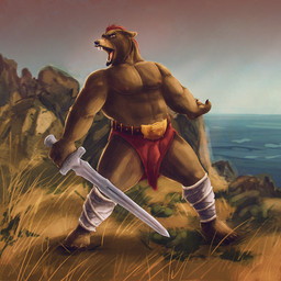 anthro belt bottomwear brown_body brown_fur bulge clothed clothing facial_piercing fangs front_view fur hair holding_melee_weapon holding_object holding_sword holding_weapon loincloth looking_at_viewer male male_anthro melee_weapon muscular muscular_anthro muscular_male nipples nose_piercing nose_ring open_mouth outside piercing red_eyes red_hair ring_piercing septum_piercing septum_ring short_hair solo standing sword teeth topless weapon satanic_monkey bear mammal 1:1 full-length_portrait hi_res portrait