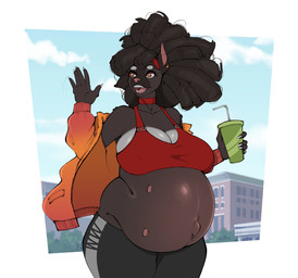 anthro belly beverage big_breasts black_hair bottomwear bra breasts choker cleavage clothed clothing ear_piercing eyebrows eyelashes female fully_clothed gesture hair holding_beverage holding_object huge_breasts jacket jewelry legs_together long_hair navel necklace nipple_outline open_mouth open_smile outie_navel pants piercing pink_nose pregnant pregnant_anthro pregnant_female smile solo sports_bra standing teats teeth topwear underwear waving yoga_pants def4lt aryn_(inu-sama) canid canine canis domestic_dog mammal 2026 hi_res
