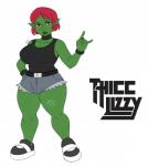 alternative_fashion big_breasts breasts clothed clothing ear_piercing facial_piercing female green_body green_skin hair huge_breasts huge_thighs lip_piercing not_furry piercing punk red_hair scar short_hair simple_background solo thick_thighs white_background wide_hips metalling goblin humanoid mammal 2018 absurd_res digital_media_(artwork) hi_res