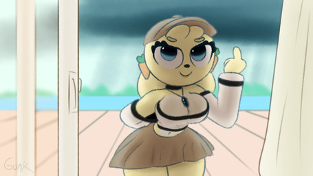 anthro big_breasts blinds blue_eyes bottomwear breasts carrot cleavage clothed clothing deck_(structure) door doorway eyelashes female food fur gesture hand_gesture hat headgear headwear jewelry looking_at_viewer middle_finger navel necklace oversized_clothing plant raining sea skirt smile solo storm thick_thighs tropical vegetable water white_body white_fur yellow_body yellow_fur guak amy_hope_(guak) lagomorph mammal hi_res