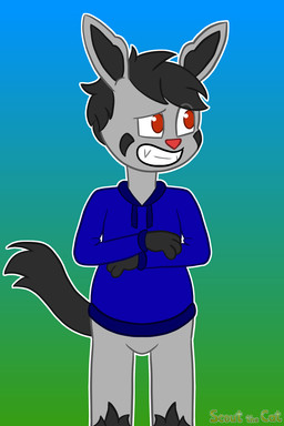 3_fingers anthro black_body black_fur black_hair blue_clothing bottomless clothed clothing fingers fur grey_body grey_fur hair hoodie looking_away male red_eyes shy_smile solo tail toony topwear scoutthecat02 nintendo pokemon owen_(scoutthecat02) generation_3_pokemon mightyena pokemon_(species) hi_res