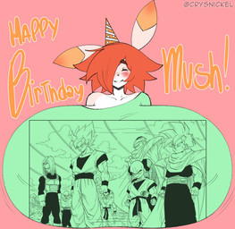 anthro big_breasts blush breasts clothed clothing eyes_closed female green_clothing green_shirt green_topwear hair hair_over_eye happy_birthday hat headgear headwear huge_breasts hyper hyper_breasts off_shoulder orange_hair party_hat pink_background print_clothing print_shirt print_topwear shirt simple_background smile solo text topwear crysnickel dragon_ball clare_(themushlord) gohan goku goten krillin piccolo tien_shinhan trunks_(dragon_ball) yamcha human lagomorph leporid mammal rabbit 2024 artist_name hi_res