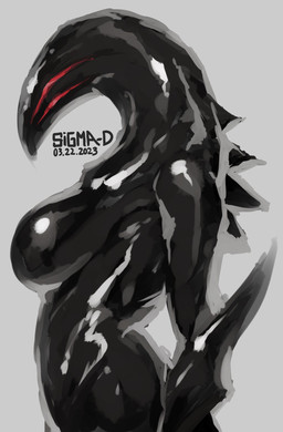 big_breasts black_body breasts featureless_breasts female glistening glistening_body glistening_breasts monotone_body nude red_eyes side_view simple_background solo spikes spikes_(anatomy) sigma-d alien alien_humanoid humanoid 2023 dated digital_media_(artwork) hi_res portrait