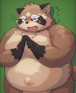 anthro belly big_belly biped black_nose brown_body brown_fur fur green_background humanoid_hands kemono male moobs open_mouth overweight overweight_male scar simple_background solo text 8bytqmuqom3dcfz canid canine mammal raccoon_dog tanuki 2026 absurd_res hi_res japanese_text