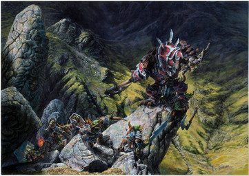 anthro armor axe black_body black_fur bow_(weapon) detailed_background fur green_body group holding_axe holding_bow_(weapon) holding_character holding_object holding_ranged_weapon holding_shield holding_weapon humanoid_pointy_ears male open_mouth pauldron pointy_ears ranged_weapon red_armor rock sharp_teeth shield size_difference smile teeth weapon paul_bonner blizzard_entertainment warcraft canid goblin humanoid mammal werecanid werecreature worgen hi_res traditional_media_(artwork)