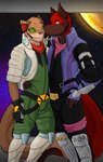 anthro clothing cosplay costume dress_up duo kissing_cheek male male/male posing_for_picture darknesshaven nintendo star_fox blaze_wolf jesse_cat canid canine canis domestic_cat felid feline felis mammal wolf hi_res