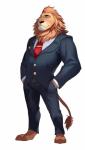 anthro barefoot belt biped bottomwear brown_body brown_eyes brown_fur brown_nose clothed clothing feet fur jacket male muscular muscular_anthro muscular_male necktie pants shirt simple_background smile solo standing suit topwear white_background tkfkd5362 disney zootopia leodore_lionheart felid lion mammal pantherine digital_media_(artwork) hi_res