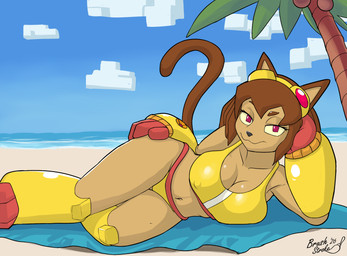 anthro beach bikini bikini_bottom bikini_top breasts brown_body brown_hair clothed clothing eyewear eyewear_on_head female fur goggles goggles_on_head hair looking_at_viewer navel nipple_outline outside plant seaside sky smile solo swimwear tail towel tree two-piece_swimsuit water brushstroke gameoverse glitch_productions kit_bodega domestic_cat felid feline felis mammal digital_media_(artwork) hi_res