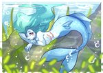 anthro blush breasts bubble female fin fish_tail flowing_hair gills green_hair hair long_hair looking_at_viewer lying red_eyes rock seaweed solo split_form tail tail_fin underwater water catniped autumn_rhapsody mammal marine merfolk pinniped seal