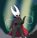 anthro areola big_breasts black_areola black_body black_eyes black_nipples breasts cape clothing female genitals holding_object holding_weapon nipples pussy silk solo string weapon poraka7 hollow_knight team_cherry hornet_(hollow_knight) arthropod