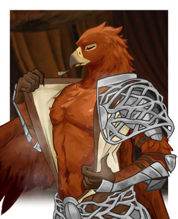 anthro armor arms_bent athletic beak bodily_fluids breath brown_body brown_feathers claws clothed clothing exposing_chest eyes_closed feathers finger_claws fur male muscular muscular_anthro muscular_male navel open_clothing open_topwear opening_shirt ornate_armor pecs shirt solo standing sweat sweatdrop three-quarter_view topwear undressing undressing_self wings karasumisso elden_ring elden_ring_nightreign fromsoftware guardian_(nightreign) avian bird digital_drawing_(artwork) digital_media_(artwork) half-length_portrait hi_res portrait