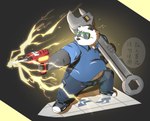 anthro belly big_belly black_body black_nose bottomwear clothing humanoid_hands kemono male overweight overweight_male pants shirt solo text topwear weapon white_body hon55728 bear giant_panda mammal 2022 hi_res japanese_text