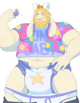 ageplay beard blonde_hair blush bodily_fluids bottomwear bottomwear_down briefs clean_diaper clothed clothing collared_shirt crown diaper embarrassed facial_hair flower hair headgear horn humiliation infantilism long_ears male navel overweight overweight_male pacifier pants pants_down partially_clothed pink_clothing pink_shirt pink_topwear plant polo_shirt purple_clothing purple_shirt purple_topwear roleplay saliva shirt simple_background solo standing star t-shirt text topwear underwear wearing_diaper white_background white_clothing white_underwear daire301 undertale undertale_(series) asgore_dreemurr boss_monster_(undertale) bovid caprine mammal absurd_res english_text hi_res