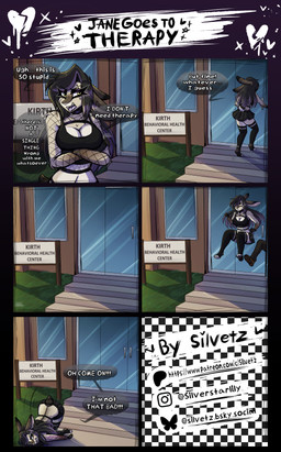 anthro belly belly_markings black_hair blush blush_lines breasts brown_body brown_fur clothed clothing dialogue eyebrow_piercing eyebrows eyeliner facial_piercing female fur hair highlights_(coloring) makeup markings mascara nub_tail piercing purple_hair purple_highlights purple_nose raccoon_tail solo stripes tail text yellow_eyes silvetz jane_(silvetz) lagomorph leporid mammal rabbit absurd_res comic english_text hi_res shaded watermark