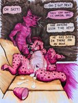 anthro biped bodily_fluids bound container cum cum_in_pussy cum_inside cum_on_leg cup dialogue duo embarrassed encasement fur genital_fluids genitals male male/male open_mouth party party_favor penis plushie plushification plushsuit public_use purple_body purple_fur speech_bubble text sushiotter_(artist) mammal 2021 english_text hi_res traditional_media_(artwork)