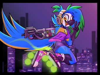 action_pose ambiguous_gender anthro beak bioluminescence biped blue_body blue_feathers city city_background cityscape clothed clothing collar collar_tag electronics eyewear feathers footwear gesture glasses glowing gun hair hand_gesture headphones inline_skates looking_at_viewer night open_mouth outside p90 ponytail pose ranged_weapon roller_skates round_glasses smile smiling_at_viewer solo submachine_gun tail tail_feathers v_sign weapon yellow_body yellow_eyes yellow_feathers meatyr fabrique_nationale_herstal mitchell_(meatyr) ara_(genus) avian bird blue-and-yellow_macaw macaw neotropical_parrot parrot true_parrot 4:3 absurd_res hi_res male_(lore)