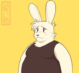 anthro black_clothing black_shirt black_tank_top black_topwear clothing eye_bags fur male male_anthro monotone_background overweight overweight_anthro overweight_male shirt simple_background solo tank_top topwear white_body white_fur yellow_background koiyaroid lagomorph leporid mammal rabbit signature