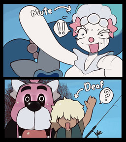 ambiguous_gender anthro biped blue_body clothed clothing exclamation_point eyebrows eyelashes fur group hair male multicolored_body open_mouth open_smile simple_background smile speech_bubble standing tongue topwear trio white_body white_eyes svkhaiminh nintendo pokemon bewear generation_7_pokemon pokemon_(species) primarina animated animated_gif hi_res short_playtime