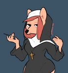 anthro cigarette cross cross_necklace female hair jewelry looking_at_viewer necklace nun nun_outfit red_hair simple_background solo red_clover_(artist) canid canine fox mammal hi_res