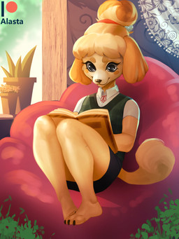 3_claws 3_toes accessory anthro bean_bag black_bottomwear black_clothing black_eyes blonde_hair blush book bottomwear brown_claws brown_ears brown_eyebrows brown_nose brown_spots cardigan cheek_spots circle_eyebrows claws clothed clothing curled_tail day detailed_background eyebrows eyelashes feet female front_view fur green_clothing green_topwear grey_pupils hair hair_accessory hair_tie holding_book holding_object inside iris legs_together light looking_down plant plant_pot potted_plant pupils reading shirt sitting smile snout solo spots sunlight tail tied_hair toe_claws toes topwear white_clothing white_shirt white_topwear yellow_body yellow_fur yellow_tail alasta animal_crossing nintendo isabelle_(animal_crossing) canid canine canis domestic_dog mammal shih_tzu toy_dog 3:4 digital_media_(artwork) digital_painting_(artwork) full-length_portrait painting_(artwork) portrait signature