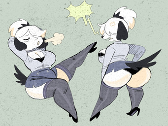 anthro big_breasts big_butt biped black_bra black_clothing black_ears black_footwear black_high_heels black_nose black_panties black_tail black_underwear blue_bottomwear blue_clothing blue_skirt boss bottomwear bra breasts breath business_attire businesswear butt cheeky_panties choker clothed clothing cross-popping_vein curvy_figure eyes_closed fangs female floppy_ears footwear front_and_back front_view fully_clothed fur furgonomics green_background grey_clothing grey_legwear grey_stockings grey_topwear grumpy hair hair_over_eye hair_over_eyes hands_behind_back high_heels high_waisted_bottomwear jewelry leggings legwear lingerie necklace one_eye_obstructed panties pencil_skirt pink_tongue ponytail raised_leg rear_view seductive shoes simple_background sitting skirt slightly_chubby slightly_chubby_anthro slightly_chubby_female small_waist solo standing stockings suit tail tail_through_skirt teeth thick_thighs thigh_highs three-quarter_view tongue topwear underwear voluptuous white_hair wide_hips puppkittyfan1 pepper_(fawnpawss) canid canine canis domestic_dog mammal 2022 4:3 digital_media_(artwork) full-length_portrait hi_res portrait