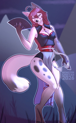 anthro biped breasts claws clothed clothed_anthro clothed_female clothing female fingers front_view fur hair smile solo spots standing tail monstercheetah canid canine fox mammal 2026 digital_drawing_(artwork) digital_media_(artwork) hi_res
